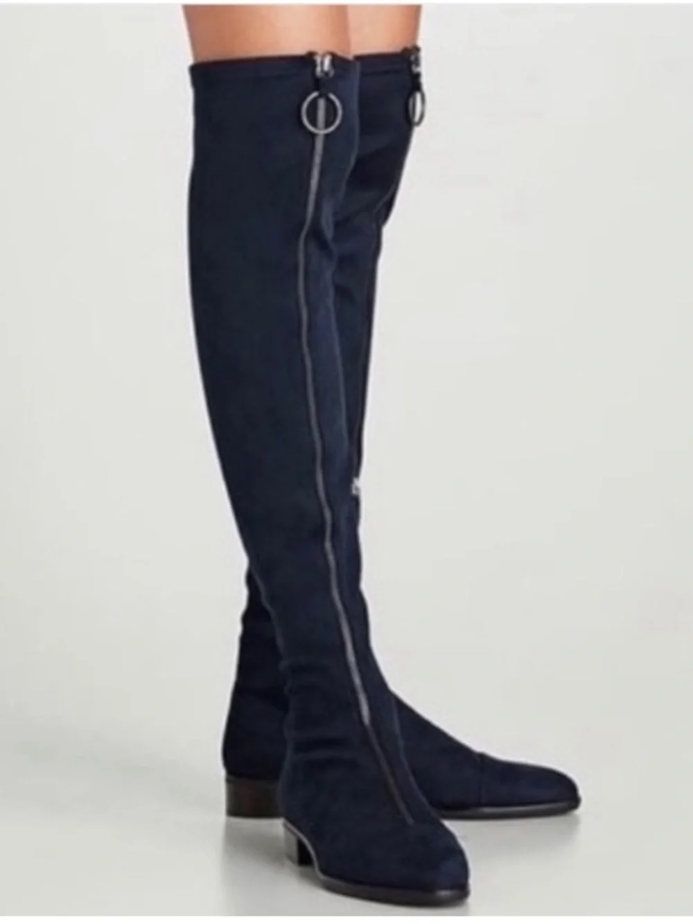ZARA Faux Suede Over the Knee Boots O Ring Zipper Navy Size 37 (6.5 US)